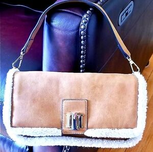 INC Suede And Sherpa Satchel Tan And Gold